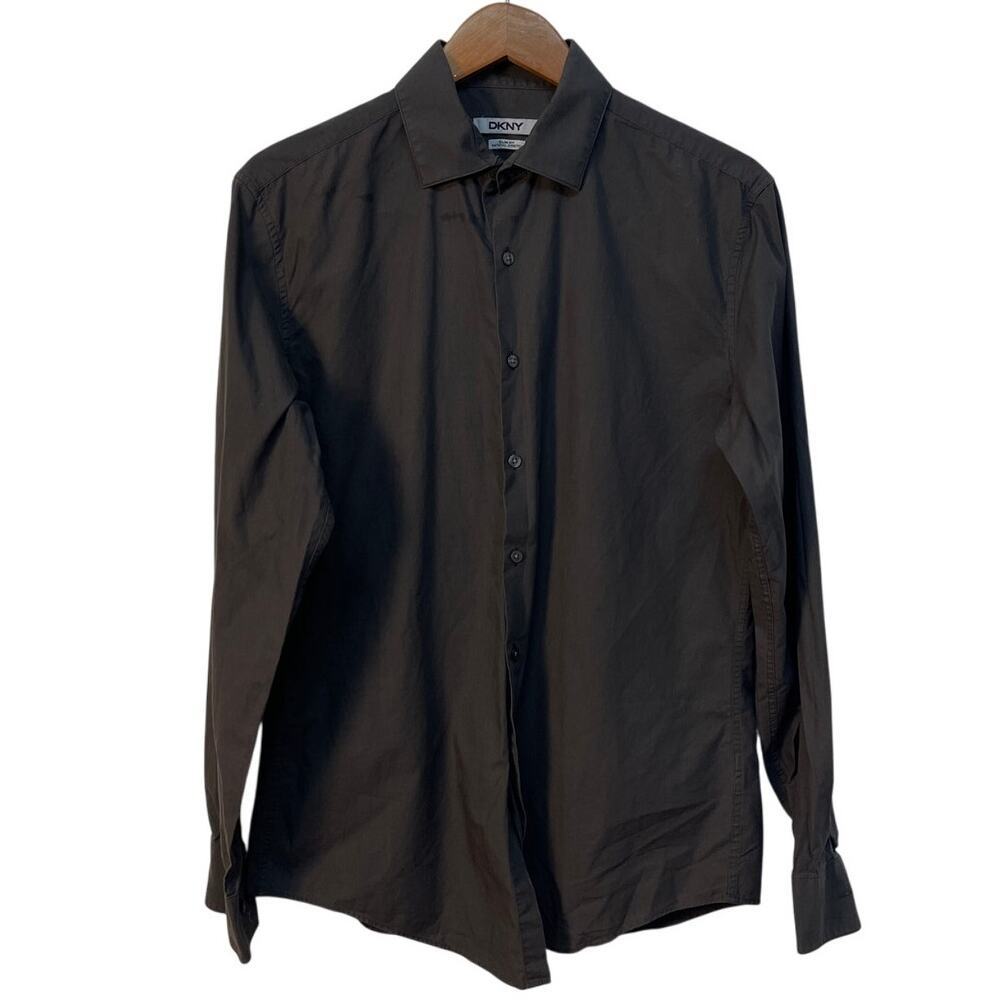 DKNY Men’s Slim Fit Long Sleeve Collared Shirt Black/Dark Grey Size 15 1/2 34/35
